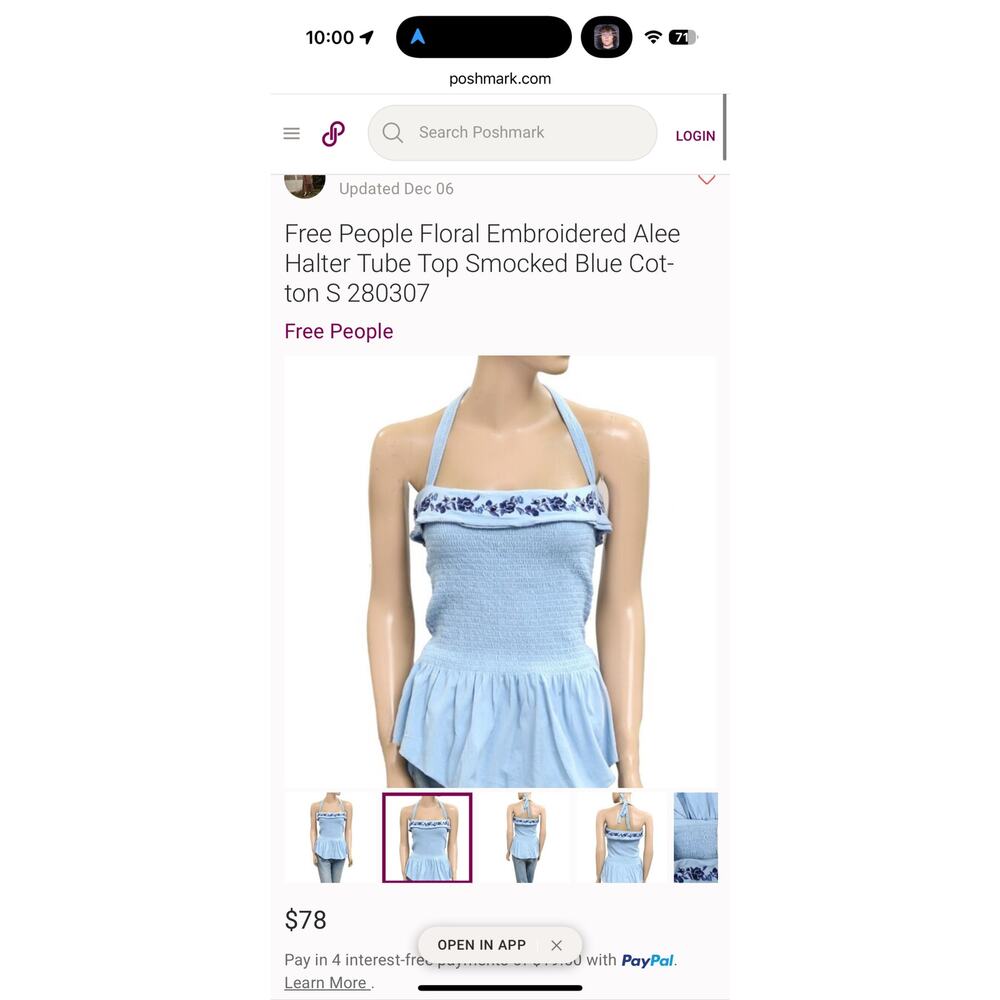 Free People Floral Embroidered Alee Halter Tube Top Smocked Blue Cotton S 280307